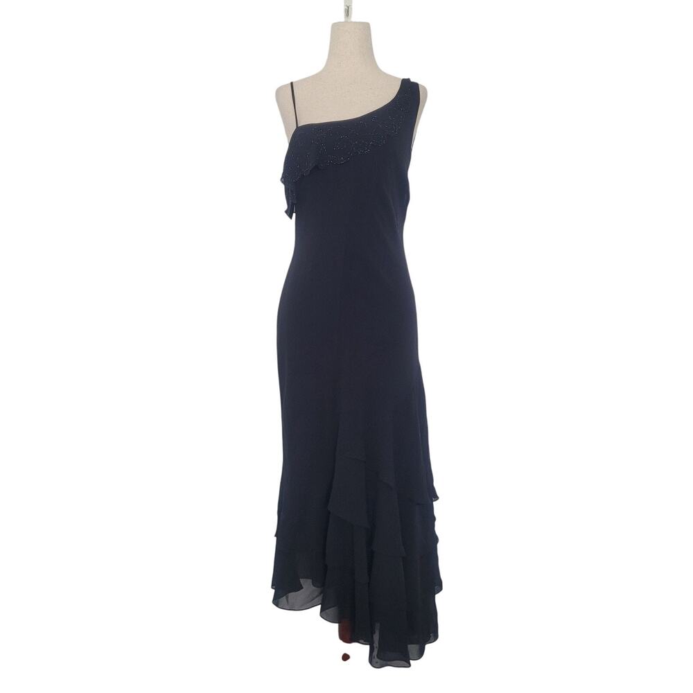 VIntage Y2k Asymmetrical Ruffle Beaded Midi Dress Size L Black Whimsigoth Fairy